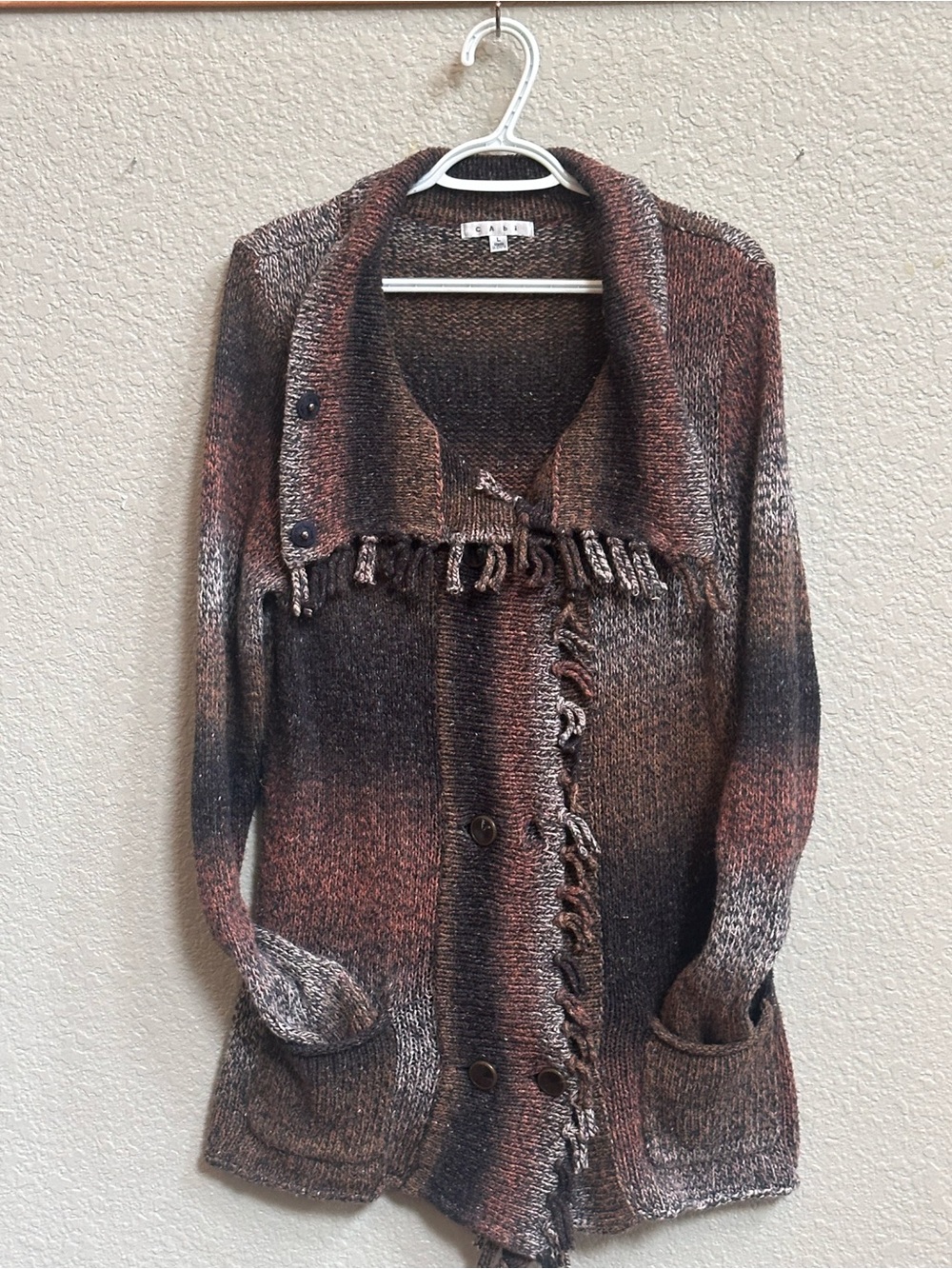 CAbi Frontier Fringe Cardigan Sweater Large Brown Black Ombre Boho Western Knit